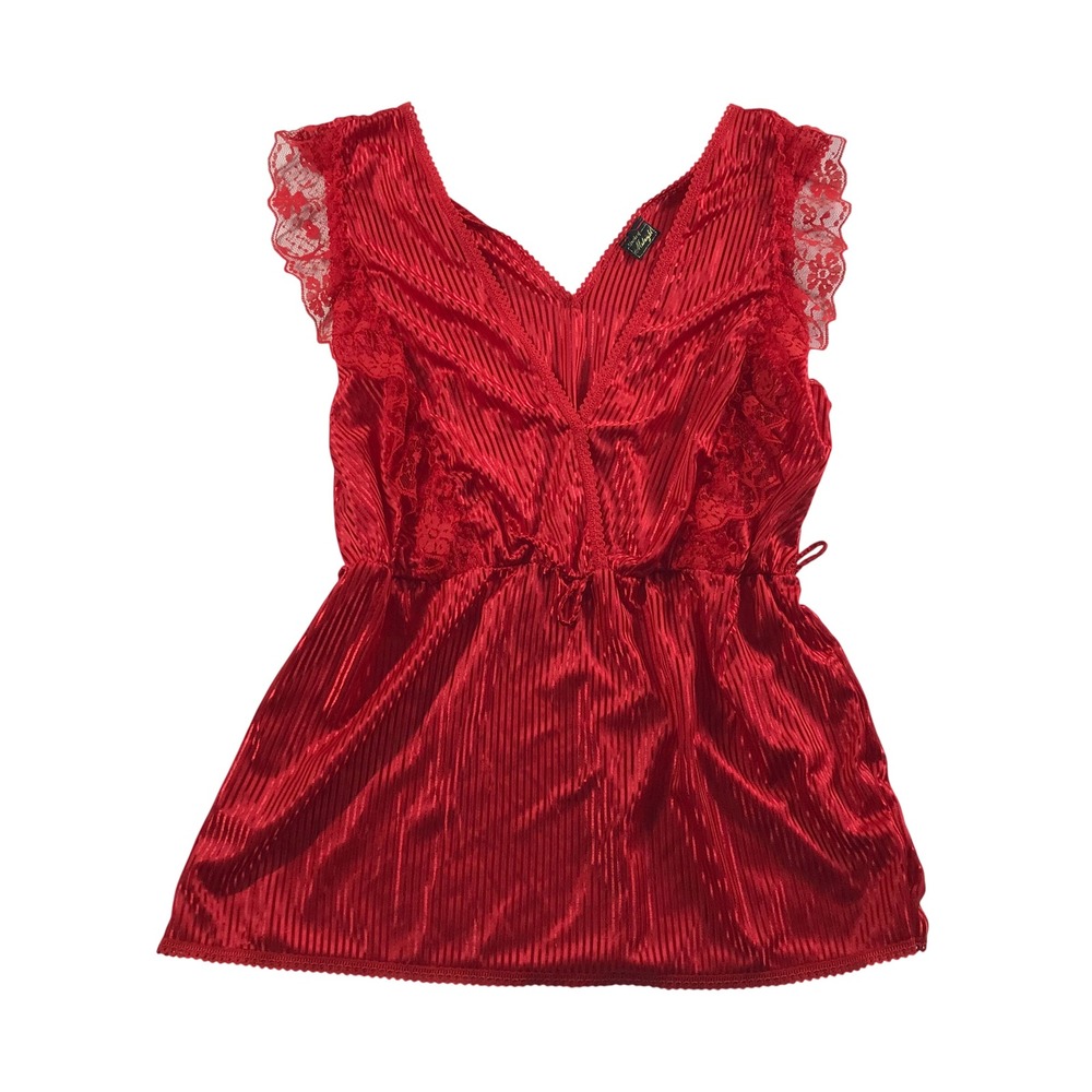 Stroke of Midnight Vintage Red Lace Trim Pleated Babydoll Lingerie Top Large